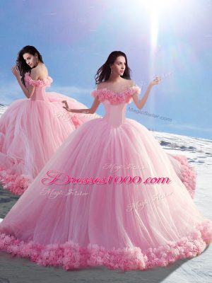 Nice Off The Shoulder Sleeveless Brush Train Lace Up Quinceanera Dress Baby Pink Tulle