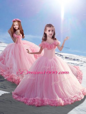 Nice Off The Shoulder Sleeveless Brush Train Lace Up Quinceanera Dress Baby Pink Tulle