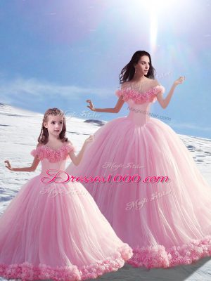 Nice Off The Shoulder Sleeveless Brush Train Lace Up Quinceanera Dress Baby Pink Tulle