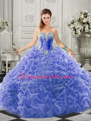 Blue Quince Ball Gowns Military Ball and Sweet 16 and Quinceanera with Beading and Ruffles Sweetheart Sleeveless Court Train Lace Up