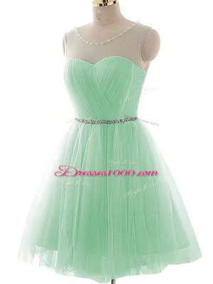 Apple Green A-line Scoop Sleeveless Tulle Mini Length Lace Up Beading and Ruching Prom Dresses