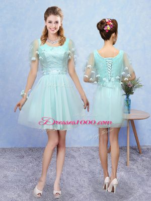 Popular Sleeveless Mini Length Appliques Lace Up Quinceanera Court of Honor Dress with Aqua Blue