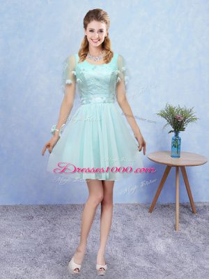 Popular Sleeveless Mini Length Appliques Lace Up Quinceanera Court of Honor Dress with Aqua Blue