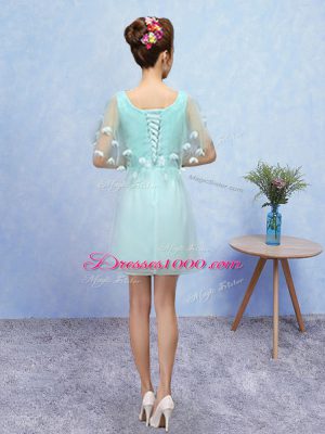 Popular Sleeveless Mini Length Appliques Lace Up Quinceanera Court of Honor Dress with Aqua Blue