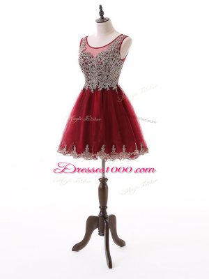 Pretty Wine Red Zipper Scoop Beading and Lace and Appliques Evening Dress Tulle Sleeveless