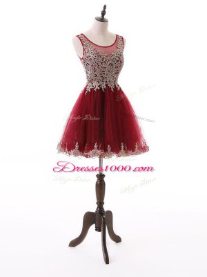 Pretty Wine Red Zipper Scoop Beading and Lace and Appliques Evening Dress Tulle Sleeveless