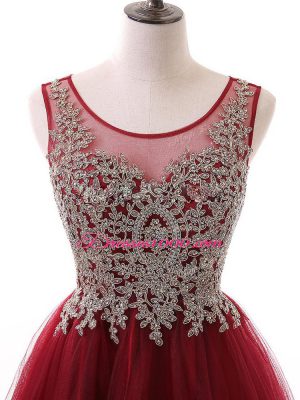 Pretty Wine Red Zipper Scoop Beading and Lace and Appliques Evening Dress Tulle Sleeveless