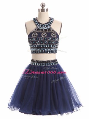 Glittering Scoop Sleeveless Zipper Dress for Prom Navy Blue Tulle
