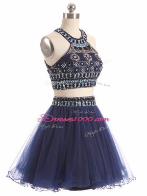 Glittering Scoop Sleeveless Zipper Dress for Prom Navy Blue Tulle