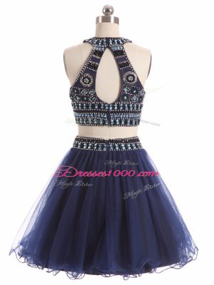 Glittering Scoop Sleeveless Zipper Dress for Prom Navy Blue Tulle