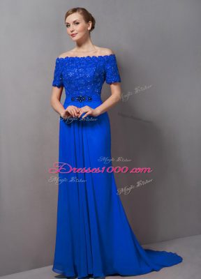 Charming Chiffon Off The Shoulder Short Sleeves Sweep Train Zipper Lace Mother Dresses in Blue