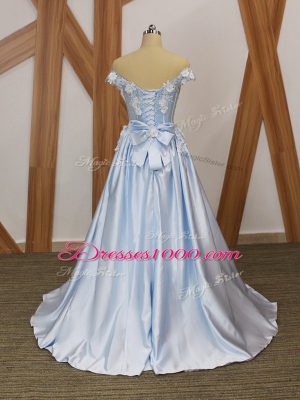 Sleeveless Elastic Woven Satin Floor Length Lace Up Evening Dress in Light Blue with Appliques and Belt