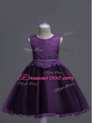 Dark Purple Ball Gowns Scoop Sleeveless Organza Knee Length Zipper Lace Pageant Gowns For Girls