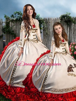Discount White And Red Sweet 16 Dresses Sweetheart Long Sleeves Brush Train Lace Up