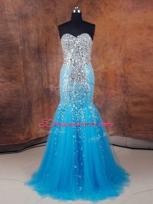 Modern Baby Blue Mermaid Beading and Sequins Womens Evening Dresses Lace Up Tulle Sleeveless Floor Length