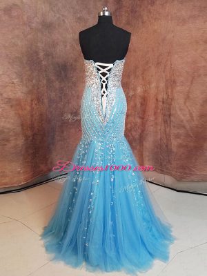 Modern Baby Blue Mermaid Beading and Sequins Womens Evening Dresses Lace Up Tulle Sleeveless Floor Length