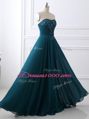 Discount Teal Chiffon Zipper Sweetheart Sleeveless Floor Length Mother of the Bride Dress Sequins and Ruching