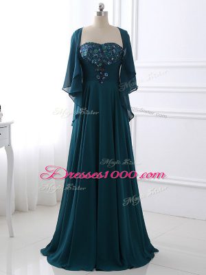 Discount Teal Chiffon Zipper Sweetheart Sleeveless Floor Length Mother of the Bride Dress Sequins and Ruching