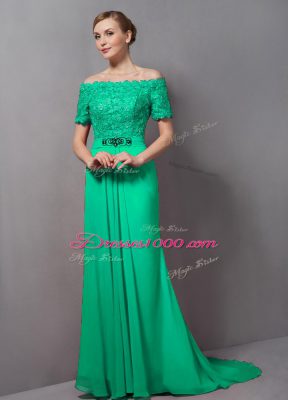 Chiffon Short Sleeves Mother of Bride Dresses Sweep Train and Lace