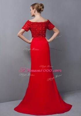 Chiffon Short Sleeves Mother of Bride Dresses Sweep Train and Lace