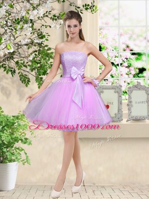 Elegant Sleeveless Knee Length Lace and Belt Lace Up Wedding Party Dress with Lilac