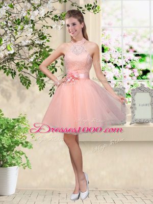 Smart Lace and Belt Wedding Guest Dresses Peach Lace Up Sleeveless Knee Length