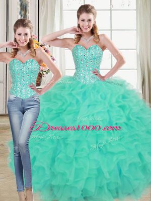 Attractive Turquoise Two Pieces Organza Sweetheart Sleeveless Beading and Ruffled Layers Lace Up Sweet 16 Quinceanera Dress Brush Train