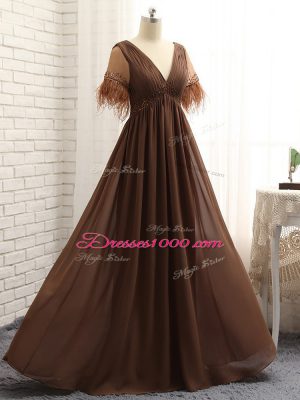 Sleeveless Floor Length Beading and Ruching Zipper Mother of the Bride Dress with Brown