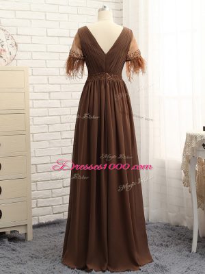 Sleeveless Floor Length Beading and Ruching Zipper Mother of the Bride Dress with Brown