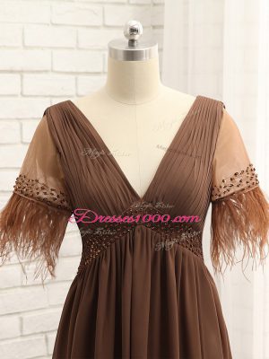 Sleeveless Floor Length Beading and Ruching Zipper Mother of the Bride Dress with Brown