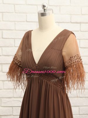 Sleeveless Floor Length Beading and Ruching Zipper Mother of the Bride Dress with Brown