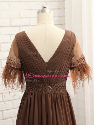 Sleeveless Floor Length Beading and Ruching Zipper Mother of the Bride Dress with Brown