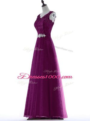 Purple Tulle Zipper Evening Dress Sleeveless Floor Length Beading and Lace