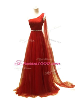 New Arrival Rust Red Sleeveless Tulle Brush Train Zipper Juniors Evening Dress for Prom and Sweet 16