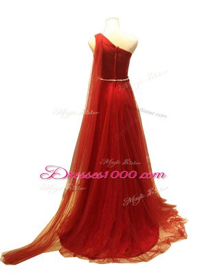 New Arrival Rust Red Sleeveless Tulle Brush Train Zipper Juniors Evening Dress for Prom and Sweet 16