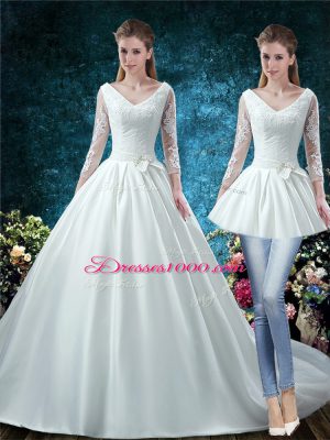 Sweet White Satin Lace Up Wedding Dress 3 4 Length Sleeve Chapel Train Lace and Belt