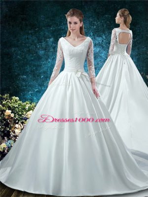 Sweet White Satin Lace Up Wedding Dress 3 4 Length Sleeve Chapel Train Lace and Belt