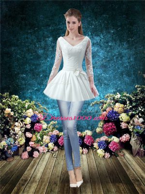 Sweet White Satin Lace Up Wedding Dress 3 4 Length Sleeve Chapel Train Lace and Belt