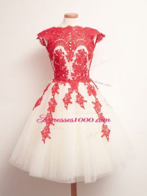 Cute White And Red Scalloped Neckline Appliques Quinceanera Court of Honor Dress Sleeveless Lace Up