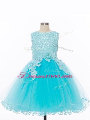 Dramatic Baby Blue A-line Appliques and Hand Made Flower Flower Girl Dress Zipper Tulle Sleeveless Knee Length