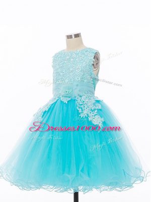 Dramatic Baby Blue A-line Appliques and Hand Made Flower Flower Girl Dress Zipper Tulle Sleeveless Knee Length