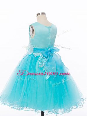 Dramatic Baby Blue A-line Appliques and Hand Made Flower Flower Girl Dress Zipper Tulle Sleeveless Knee Length