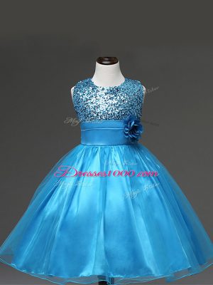 Latest Baby Blue Ball Gowns Scoop Sleeveless Tulle Knee Length Zipper Sequins and Hand Made Flower Little Girl Pageant Dress