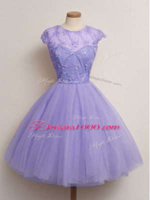 Knee Length Lavender Bridesmaid Gown Scoop Cap Sleeves Lace Up