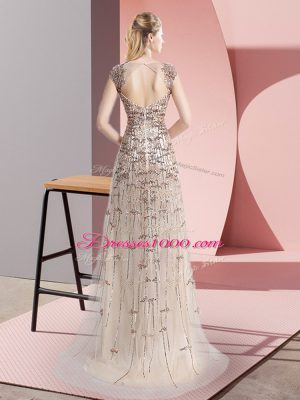 Eye-catching Champagne Sleeveless Tulle Brush Train Zipper for Prom and Party and Military Ball