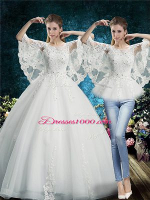 Exceptional White Tulle Lace Up Scoop Half Sleeves Floor Length Bridal Gown Lace