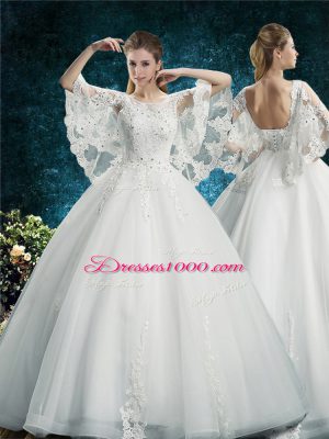 Exceptional White Tulle Lace Up Scoop Half Sleeves Floor Length Bridal Gown Lace