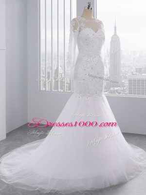 Best White Long Sleeves Brush Train Beading and Lace and Appliques Wedding Dresses