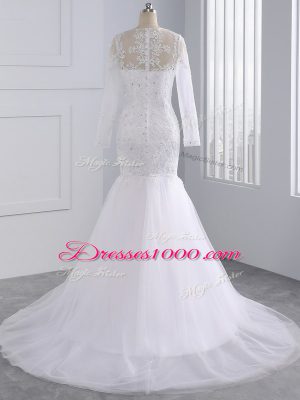 Best White Long Sleeves Brush Train Beading and Lace and Appliques Wedding Dresses