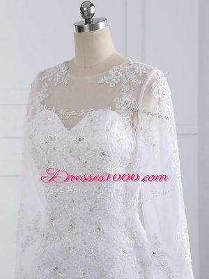 Best White Long Sleeves Brush Train Beading and Lace and Appliques Wedding Dresses